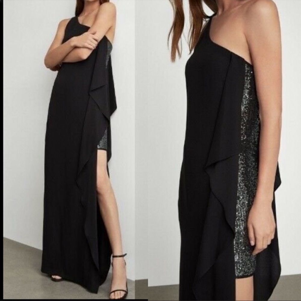 BCBGMAXAZRIA One-Shoulder Ruffle Glitter Panel Evening Gown Maxi Dress Black 0